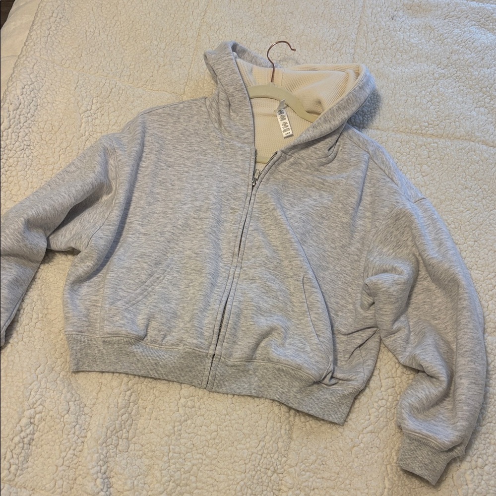 Skims Cotton Fleece Waffle Lined Cropped Zip Up Hoodie Light Heather Grey size L - Picture 5 of 5